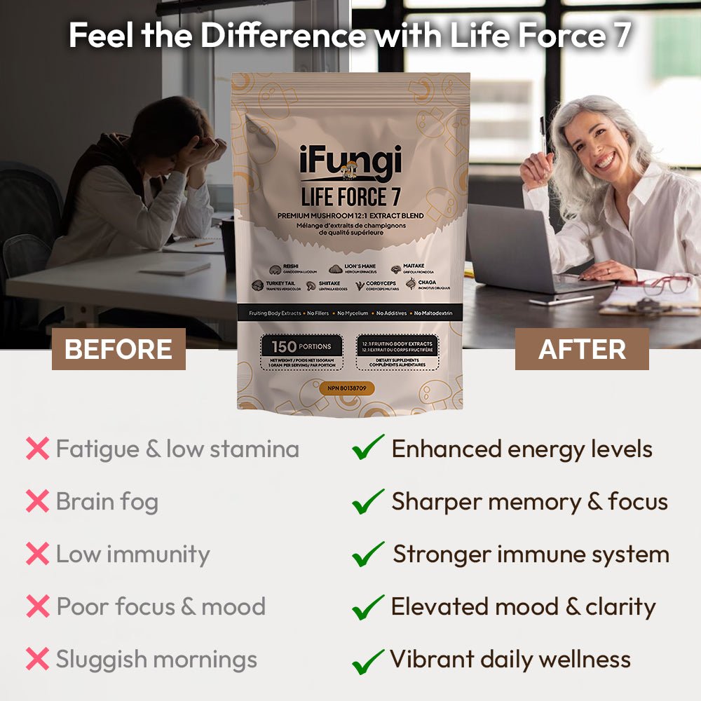 iFungi Life Force 7 mushroom powder extract before and after